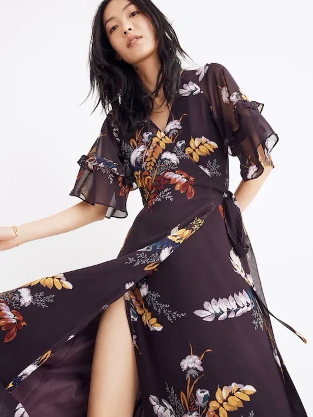 Madewell Vervain Ruffle-Sleeve Wrap Dress Maxi in Blooming Oasis Floral Sz S